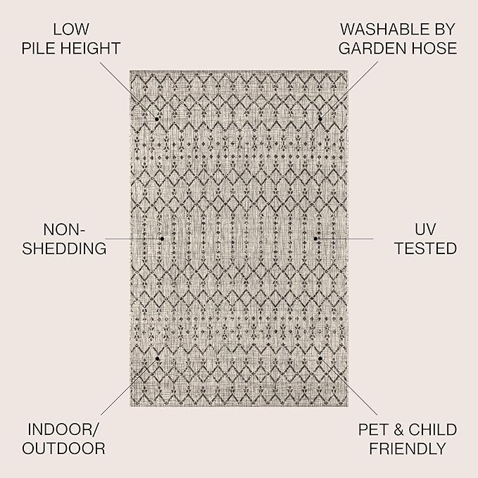 JONATHAN Y SMB108E-6 Ourika Moroccan Geometric Textured Weave Light Gray/Black 6 ft. x 9 ft. Indoor/Outdoor Area Rug, Pet Friendly, Non-Shedding, Stain Resistant, Easy-Cleaning for Backyard, Patio