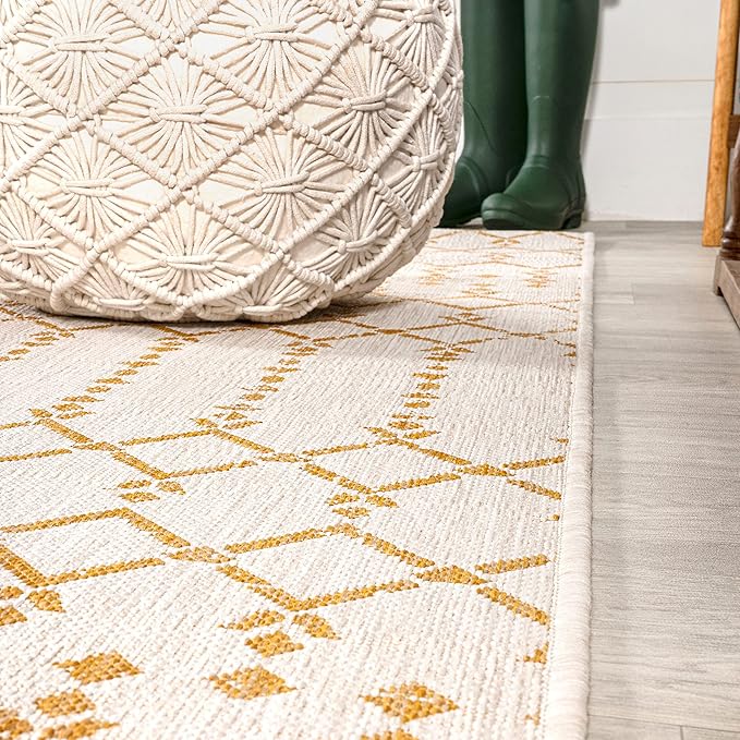 JONATHAN Y SMB108J-210 Ourika Moroccan Geometric Textured Weave Indoor Outdoor Runner Rug, Bohemian, Rustic, Scandinavian Easy-Clean,Bedroom,Kitchen,Backyard,Patio,Non Shedding, Cream/Yellow, 2 X 10