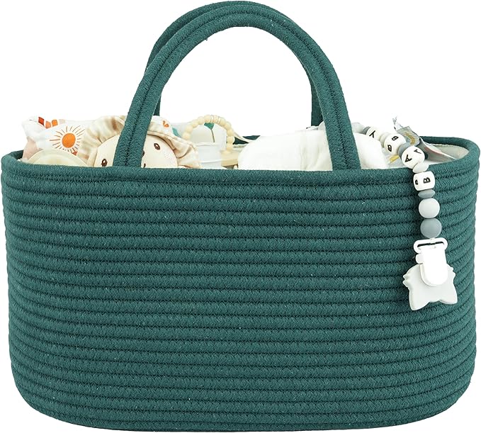 Large Baby Diaper Caddy Organizer for Girl Boy Rope Nursery Storage Bin Basket Portable Holder Tote Bag for Changing Table Car Travel Baby Shower Gifts basket dark green