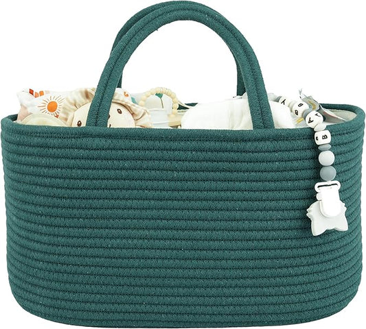 Large Baby Diaper Caddy Organizer for Girl Boy Rope Nursery Storage Bin Basket Portable Holder Tote Bag for Changing Table Car Travel Baby Shower Gifts basket dark green