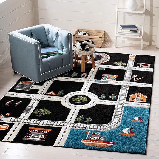 SAFAVIEH Carousel Kids Collection Area Rug - 3' Square, Black & Ivory, Non-Shedding & Easy Care, Ideal for High Traffic Areas for Boys & Girls in Playroom, Nursery, Bedroom (CRK192Z)
