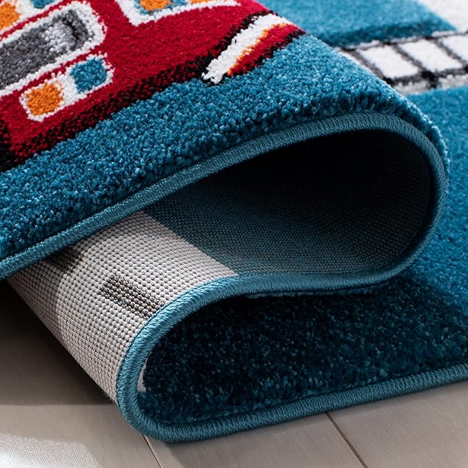 Safavieh Carousel Kids Collection 5'3" Square Turquoise/Ivory CRK192K Neighborhood Non-Shedding Nursery Playroom Area Rug