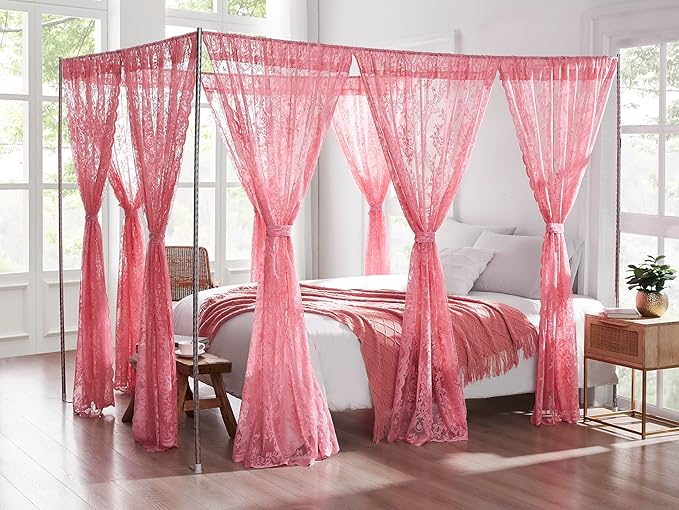 Warm Home Designs Lace Canopy Bed Curtains Set Consists of 8 48" x 78" Pink Canopy Curtains with Tie-Backs. Queen Canopy Bed Curtains or King Bed Canopy Curtains for Coquette Bedroom Decor. LC Rose