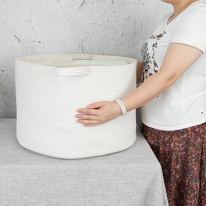 Large Cotton Rope Basket Blankets Basket Living Room 22"x14" Toy Basket for Kids and Dogs Rope Storage Basket for Nursery Woven Laundry Basket for Clothes Towels Baby Toy Storage round white