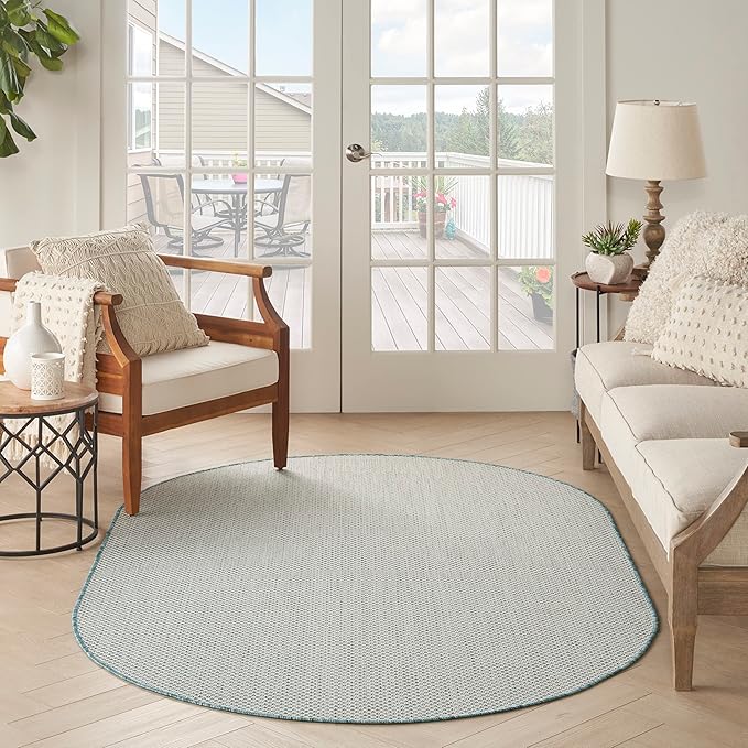 Nourison Courtyard Indoor/Outdoor Ivory/Aqua 5' x 8' Oval Area Rug, Easy Cleaning, Non Shedding, Bed Room, Living Room, Dining Room, Backyard, Deck, Patio (5x8 Oval)