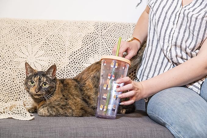Pearhead Cat Sushi Water Tumbler, Pet Owner Travel Tumbler Cat Accessory, Cat Owner Water Cup for at Home or On-The-Go, Drink Tumbler with Twist on Lid and Reusable Straw, 22oz
