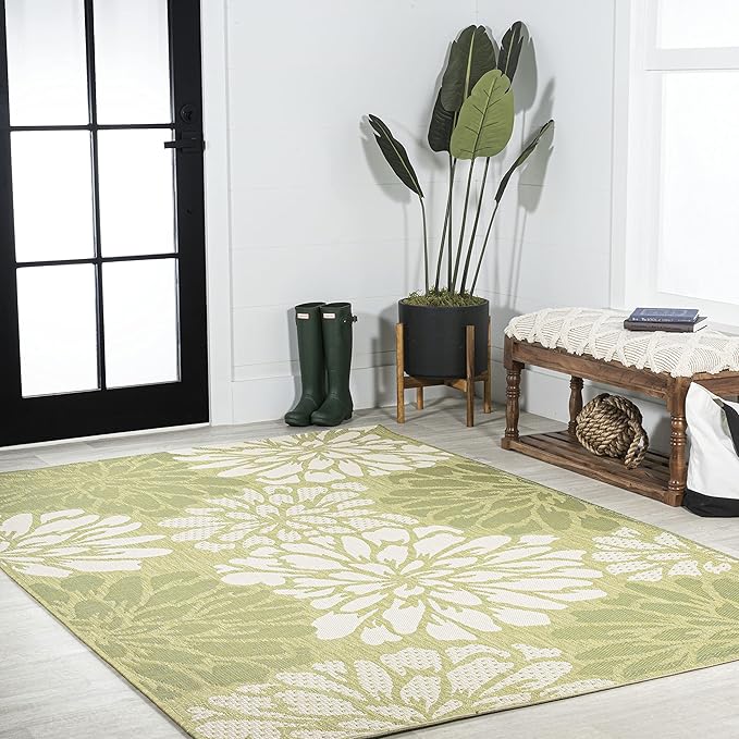 JONATHAN Y SMB110H-5 Zinnia Modern Floral Textured Weave Indoor Outdoor Area Rug, Country Coastal Transitional Easy Cleaning,Bedroom,Kitchen,Backyard,Patio,Non Shedding, 5 X 8, Green/Cream