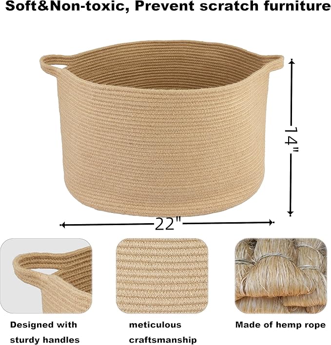 Large Jute Rope Basket Blankets Basket Living Room 22"x14" Toy Basket for Kids and Dogs Rope Storage Basket for Nursery Woven Laundry Basket for Clothes Towels Baby Toy Storage round