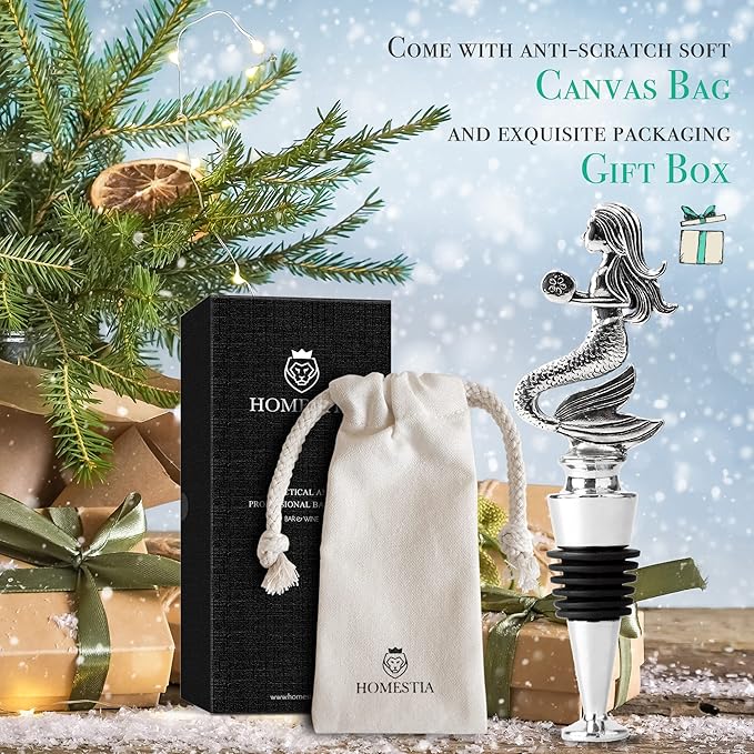 Homestia Wine Bottle Stoppers for Glass Bottles, Mermaid Bottle Stopper Reusable Wine Corks Wine Tool, Zinc-Alloy Silicone Wine Stoppers, Wine Toppers with Decors