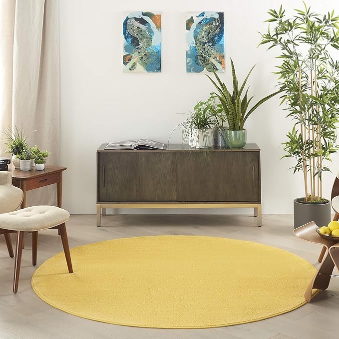 Nourison Essentials Indoor/Outdoor Yellow 6' x Round Area Rug, Easy Cleaning, Non Shedding, Bed Room, Living Room, Dining Room, Backyard, Deck, Patio (6 Round)