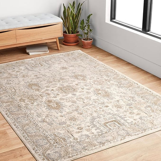 Loloi Teagan Collection 6'-7" x 9'-2" Area Rug in Ivory/Sand - Large, Soft Neutral Rug, High-Traffic Area Rug for Living Room, Bedroom, Home Office, Dining Area