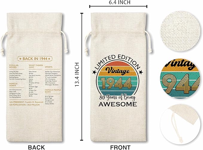 Disfuco 80th Birthday Wine Gift Bag, 1944 Birthday Gift Wine Bag, Burlap Wine Bottle Cover Bag For Women Men, Friends, Daughter, Son, Newphew, Niece, 1 Pc (B07)