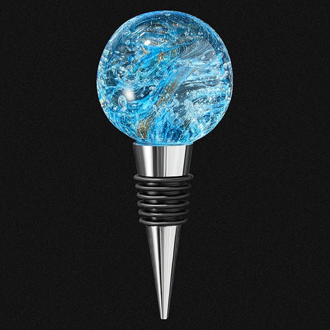 Wine and Beverage Bottle Stoppers with Blue Galaxy Glass Grip Top, Reusable Wine Saver for Gifts, Bar, Holiday Party, Wedding