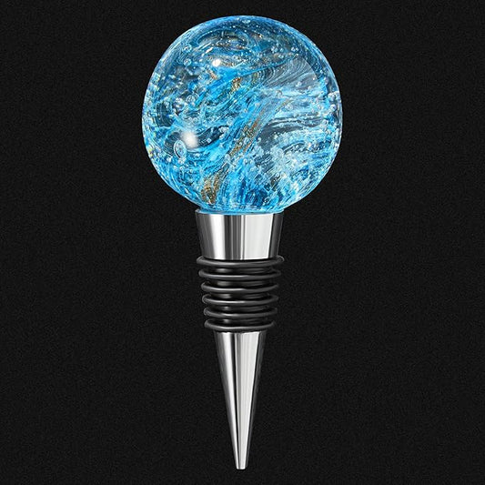 Wine and Beverage Bottle Stoppers with Blue Galaxy Glass Grip Top, Reusable Wine Saver for Gifts, Bar, Holiday Party, Wedding