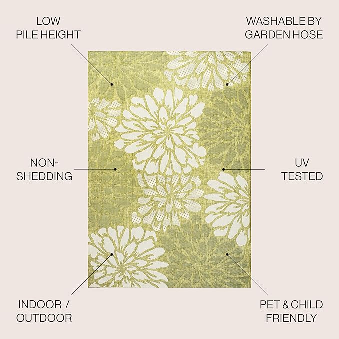 JONATHAN Y SMB110H-5R Zinnia Modern Floral Textured Weave Indoor Outdoor Area-Rug, Country Coastal Transitional Easy-Cleaning,Bedroom,Kitchen,Backyard,Patio,Non Shedding, 5' Round, Green/Cream