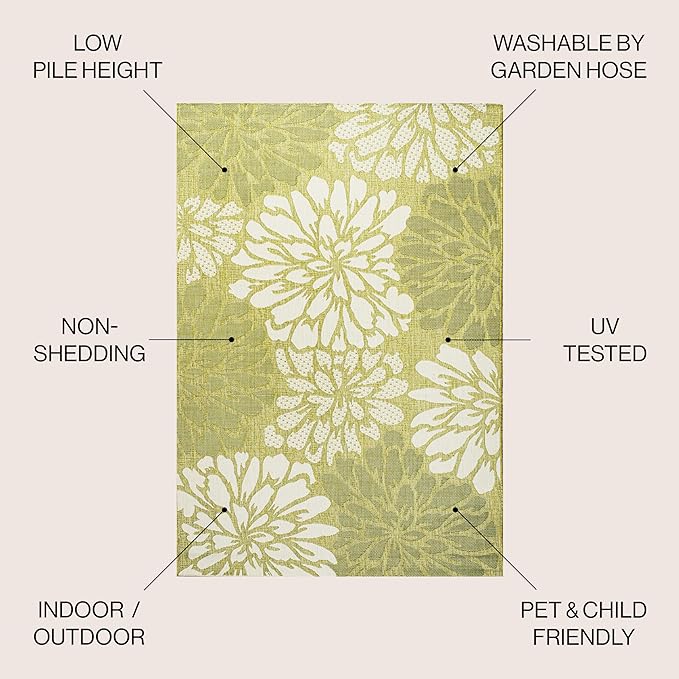 JONATHAN Y SMB110H-5SQ Zinnia Modern Floral Textured Weave Indoor Outdoor Area-Rug, Country Coastal Transitional Easy-Cleaning,Bedroom,Kitchen,Backyard,Patio,Non Shedding, 5' Square, Green/Cream