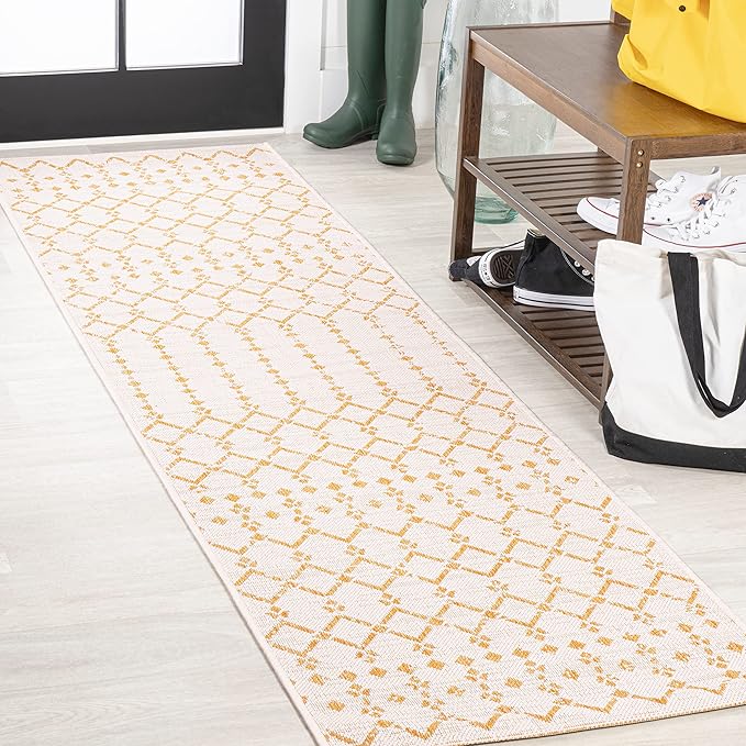 JONATHAN Y SMB108J-210 Ourika Moroccan Geometric Textured Weave Indoor Outdoor Runner Rug, Bohemian, Rustic, Scandinavian Easy-Clean,Bedroom,Kitchen,Backyard,Patio,Non Shedding, Cream/Yellow, 2 X 10