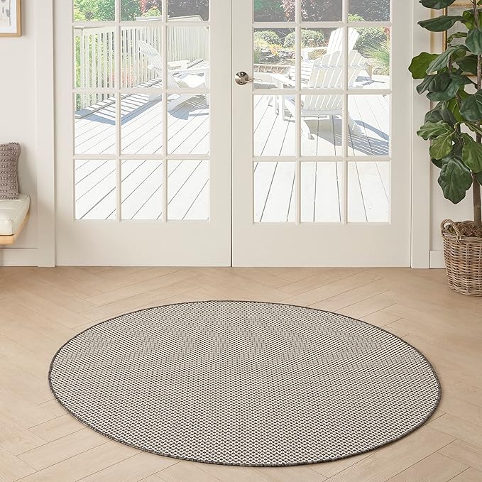 Nourison Courtyard Indoor/Outdoor Ivory/Charcoal 5 x Round Area Rug, Easy Cleaning, Non Shedding, Bed Room, Living Room, Dining Room, Backyard, Deck, Patio (5 Round)