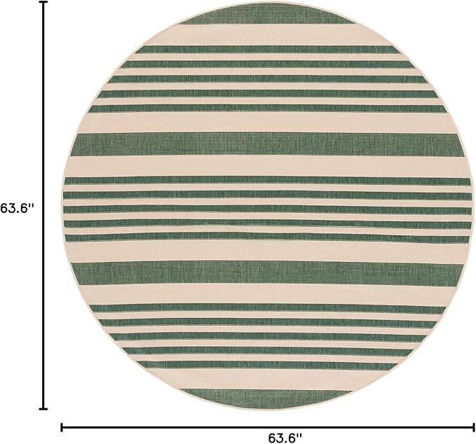 SAFAVIEH Courtyard Collection Area Rug - 5'3" Round, Beige & Dark Green, Stripe Design, Non-Shedding & Easy Care, Indoor/Outdoor & Washable-Ideal for Patio, Backyard, Mudroom (CY6062-322)