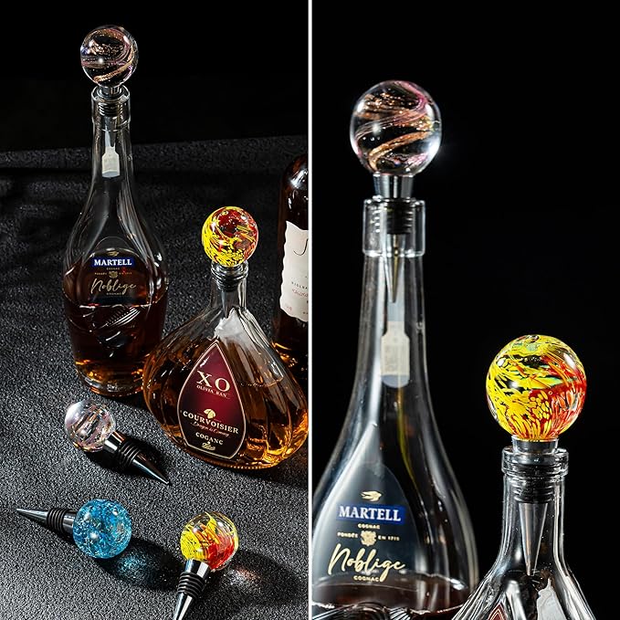 Wine and Beverage Bottle Stoppers with Blue Galaxy Glass Grip Top, Reusable Wine Saver for Gifts, Bar, Holiday Party, Wedding