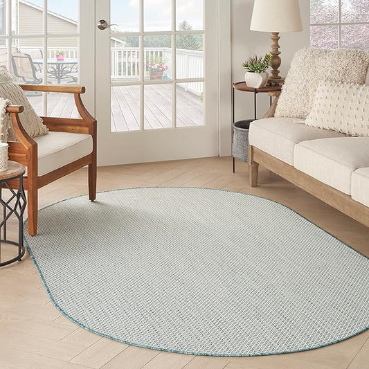 Nourison Courtyard Indoor/Outdoor Ivory/Aqua 5' x 8' Oval Area Rug, Easy Cleaning, Non Shedding, Bed Room, Living Room, Dining Room, Backyard, Deck, Patio (5x8 Oval)