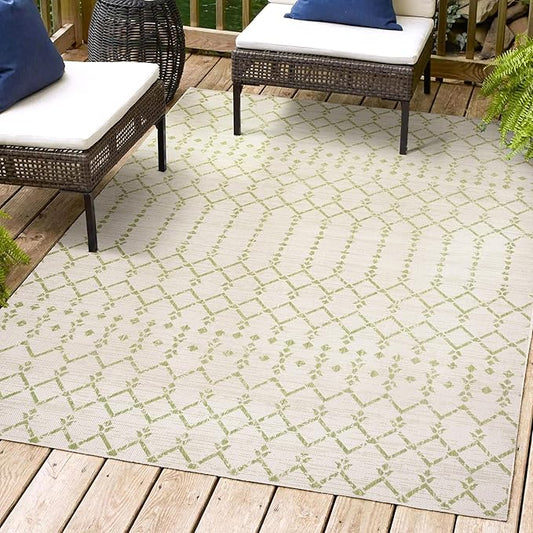JONATHAN Y SMB108M-3 Ourika Moroccan Geometric Textured Weave Indoor Outdoor Area-Rug, Bohemian Coastal Traditional Easy-Cleaning,Bedroom,Kitchen,Backyard,Patio,Non Shedding, 3 X 5, Cream/Green
