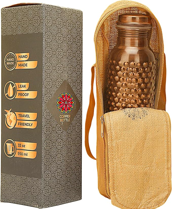 Copper Water Bottle 34 Oz Hammered Antique Ayurvedic Pure Copper Vessel With Carrying Bag For Drinking Bottle Leak Proof Ayurvedic Copper Vessel for Sports, Gym, Outdoors, Yoga