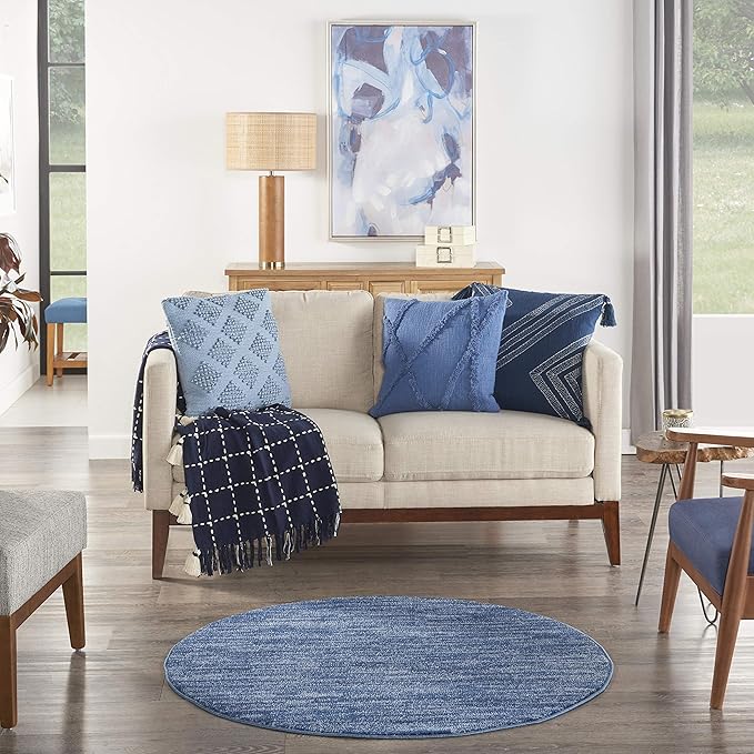 Nourison Essentials Indoor/Outdoor Navy Blue 4' x Round Area Rug, Easy Cleaning, Non Shedding, Bed Room, Living Room, Dining Room, Backyard, Deck, Patio (4 Round)