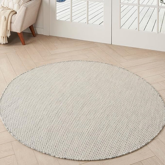 Nourison Courtyard Indoor/Outdoor Ivory/Silver 4' x Round Area Rug, Easy Cleaning, Non Shedding, Bed Room, Living Room, Dining Room, Backyard, Deck, Patio (4 Round)