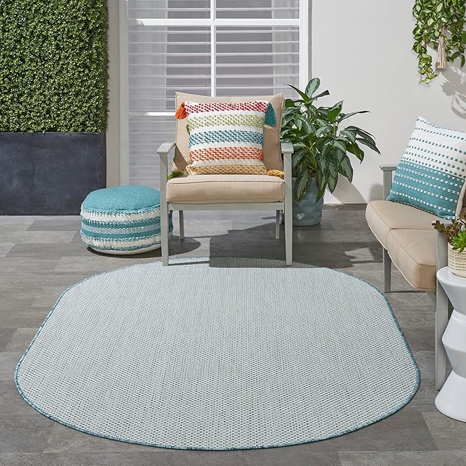 Nourison Courtyard Indoor/Outdoor Ivory/Aqua 5' x 8' Oval Area Rug, Easy Cleaning, Non Shedding, Bed Room, Living Room, Dining Room, Backyard, Deck, Patio (5x8 Oval)