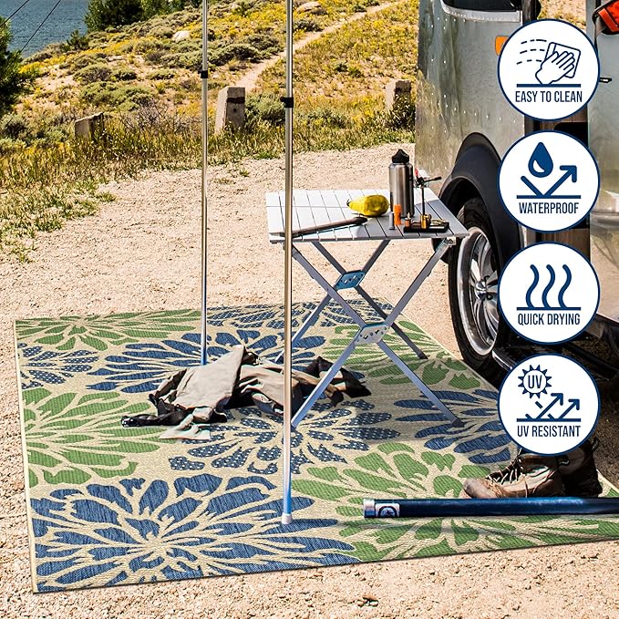 JONATHAN Y SMB110B-8 Zinnia Modern Floral Textured Weave Indoor Outdoor Area-Rug Bohemian Coastal Easy-Cleaning Bedroom Kitchen Backyard Patio Non Shedding, 8 X 10, Navy/Green