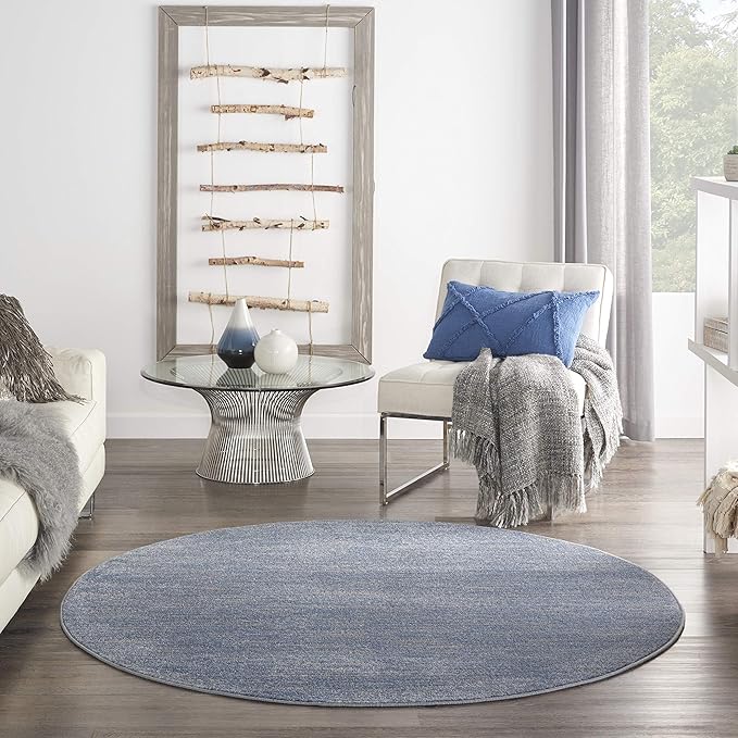 Nourison Essentials Indoor/Outdoor Blue/Grey 6' x Round Area Rug, Easy Cleaning, Non Shedding, Bed Room, Living Room, Dining Room, Backyard, Deck, Patio (6 Round)