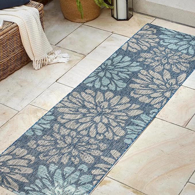 JONATHAN Y SMB110C-28 Zinnia Modern Floral Textured Weave Indoor Outdoor Runner Rug Bohemian Coastal Easy-Cleaning Bedroom Kitchen Backyard Patio Non Shedding, 2 X 8, Navy/Aqua