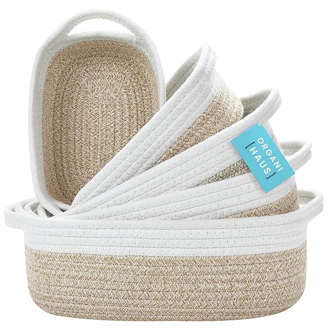 OrganiHaus Set of 5 Rectangle Bathroom Storage Baskets for Organizing, Small Woven Baskets for Storage Basket for Bathroom, Nursery Storage Basket for Baby Nursery Organization, Cute Bin, Honey/White