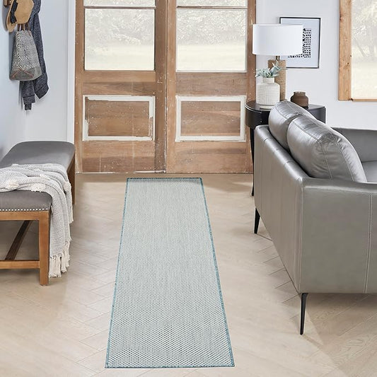 Nourison Courtyard Indoor/Outdoor Ivory/Aqua 2'2" x 10' Area Rug, Easy Cleaning, Non Shedding, Bed Room, Living Room, Dining Room, Backyard, Deck, Patio (2x10)