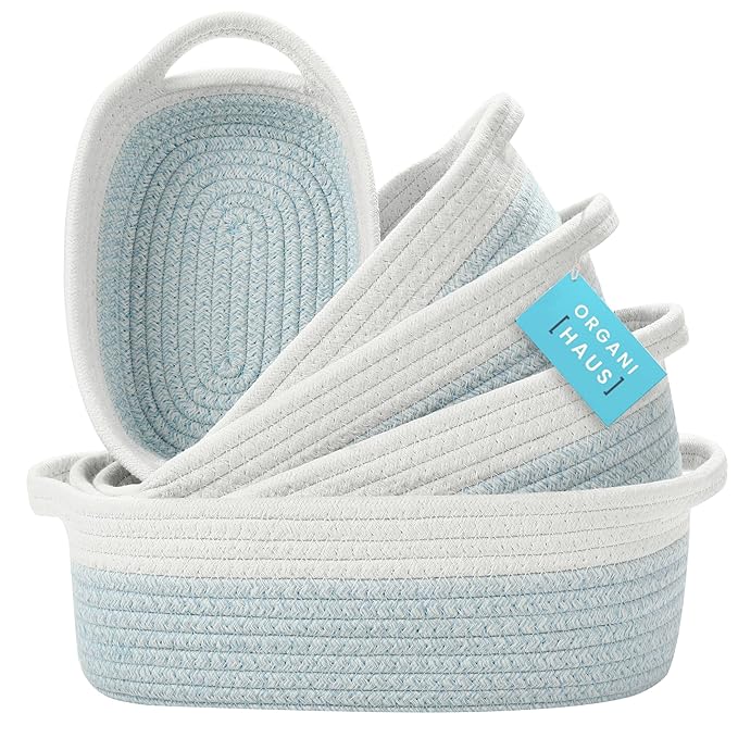 OrganiHaus Set of 5 Rectangle Bathroom Storage Baskets for Organizing, Small Woven Baskets for Storage Basket for Bathroom, Nursery Storage Basket for Baby Nursery Organization, Cute Bins, Blue/White