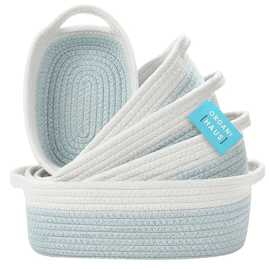 OrganiHaus Set of 5 Rectangle Bathroom Storage Baskets for Organizing, Small Woven Baskets for Storage Basket for Bathroom, Nursery Storage Basket for Baby Nursery Organization, Cute Bins, Blue/White
