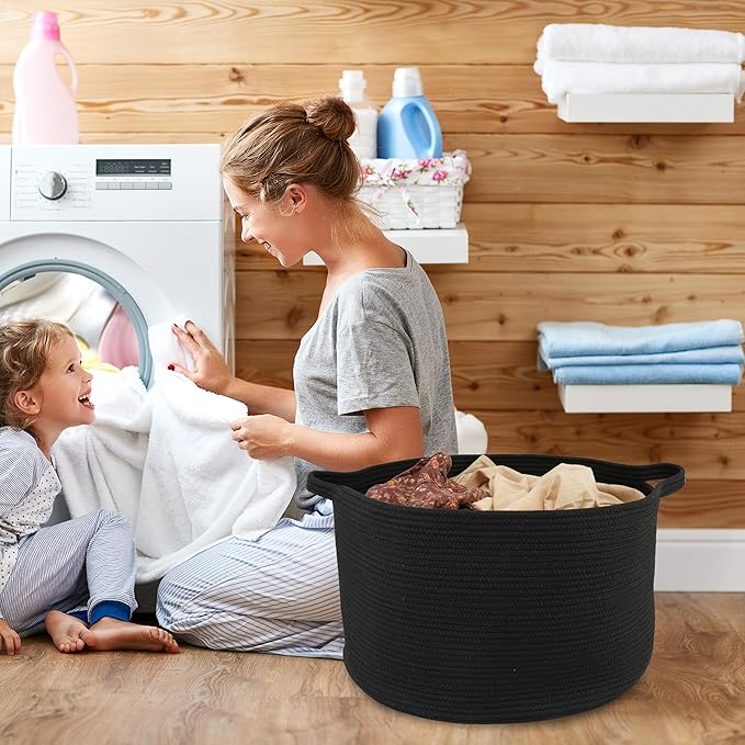 Large Cotton Rope Basket Blankets Basket Living Room 22"x14" Toy Basket for Kids and Dogs Rope Storage Basket for Nursery Woven Laundry Basket for Clothes Towels Baby Toy Storage round black