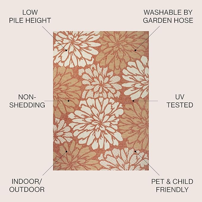 JONATHAN Y SMB110E-8 Zinnia Modern Floral Textured Weave Indoor Outdoor Area-Rug, Bohemian Coastal Mediterranean Easy-Cleaning,Bedroom,Kitchen,Backyard,Patio,Non Shedding, 8 X 10, Orange/Cream