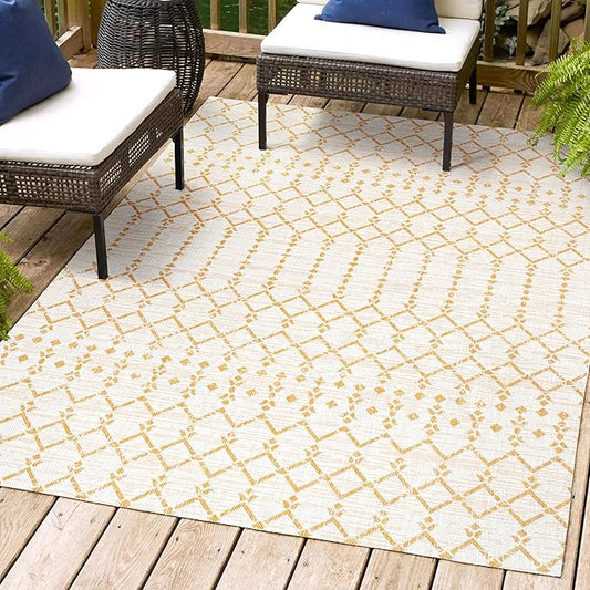 JONATHAN Y SMB108J-8 Ourika Moroccan Geometric Textured Weave Indoor Outdoor Area-Rug, Coastal,Traditional,Transitional Easy Clean,Bedroom,Kitchen,Backyard,Patio, Non-Shed, Cream/Yellow, 8 X 10
