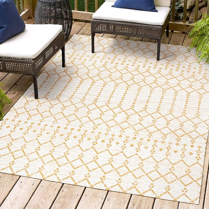 JONATHAN Y SMB108J-4 Ourika Moroccan Geometric Textured Weave Indoor Outdoor Area-Rug, Coastal, Traditional, Transitional Easy-Cleaning,Bedroom,Kitchen,Backyard,Patio,Non Shedding, Cream/Yellow, 4 X 6
