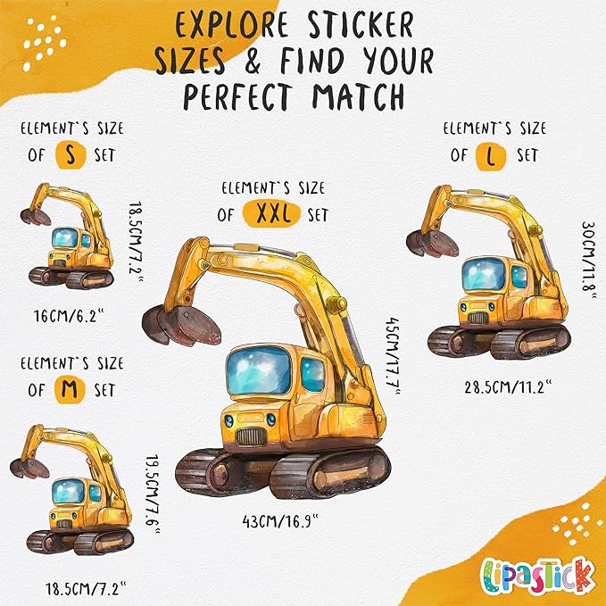 Large Car Wall Decals for Kids by Lipastick - 58 pcs Transports Wall Stickers Peel and Stick Truck Stickers – Construction Cars Wall Decals - Tractor Excavator City Nursery Playroom Wall Décor L Size