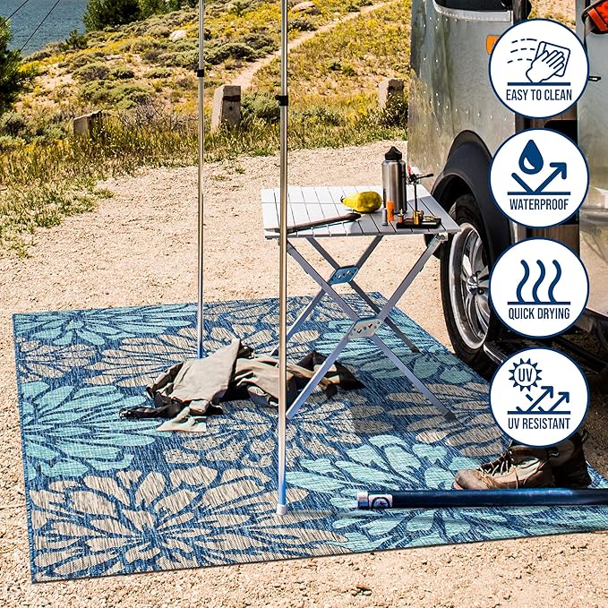 JONATHAN Y SMB110C-8 Zinnia Modern Floral Textured Weave Indoor Outdoor Area-Rug Bohemian Coastal Easy-Cleaning Bedroom Kitchen Backyard Patio Non Shedding, 8 X 10, Navy/Aqua