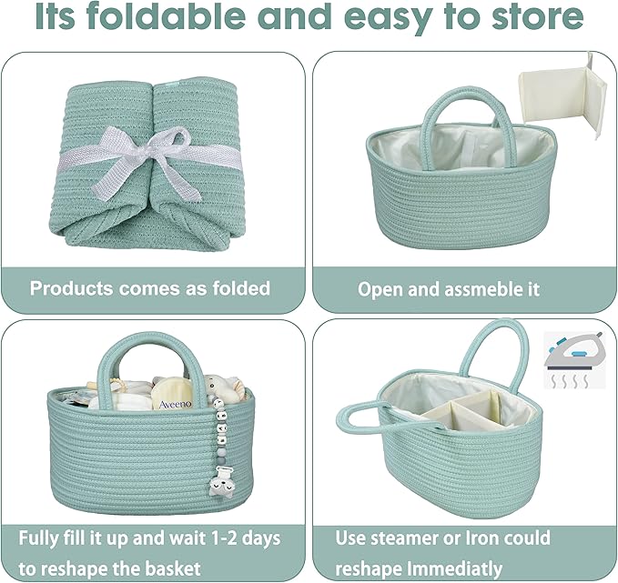 Diaper Caddy Organizer for Baby Cotton Rope Nursery Storage Bin Basket Portable Holder Tote Bag for Changing Table Car Travel Baby Shower Gifts Newborn Essentials Registry Must Haves Light Green