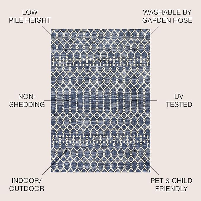 JONATHAN Y SMB108K-5R Ourika Moroccan Geometric Textured Weave Indoor Outdoor Area Rug, Bohemian Coastal Traditional Easy Cleaning,Bedroom,Kitchen,Backyard,Patio,Non Shedding, 5' Round, Navy/Beige