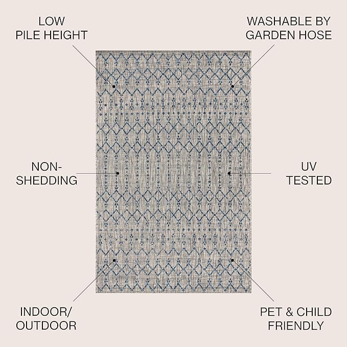 JONATHAN Y SMB108A-3R Ourika Moroccan Geometric Textured Weave Indoor/Outdoor Area Rug, Bohemian, Scandinavian for Bedroom, Kitchen, Living Room, Easy-Cleaning, Light Gray/Navy, 3' Round