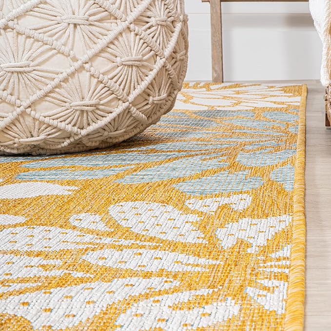 JONATHAN Y SMB110G-5SQ Zinnia Modern Floral Textured Weave Indoor Outdoor Area-Rug, Bohemian Coastal Mediterranean Easy-Cleaning,Bedroom,Kitchen,Backyard,Patio,Non Shedding, Yellow/Cream, 5' Square