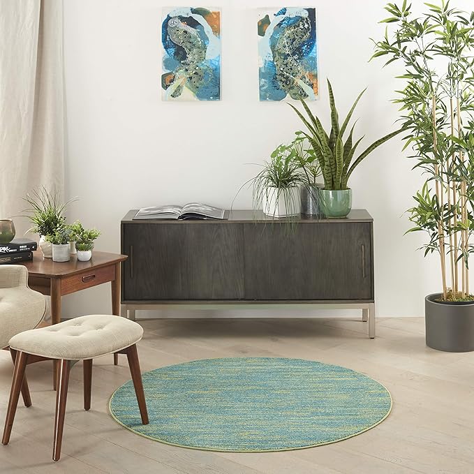 Nourison Essentials 4' x Round Blue Green Fabric Outdoor Area Rug (4' Round)