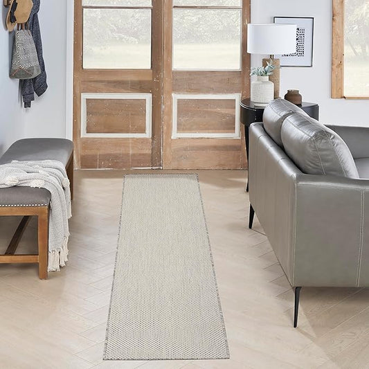 Nourison Courtyard Indoor/Outdoor Ivory Silver 2'2" x 16' Area Rug, Easy Cleaning, Non Shedding, Bed Room, Living Room, Dining Room, Backyard, Deck, Patio (2x16)