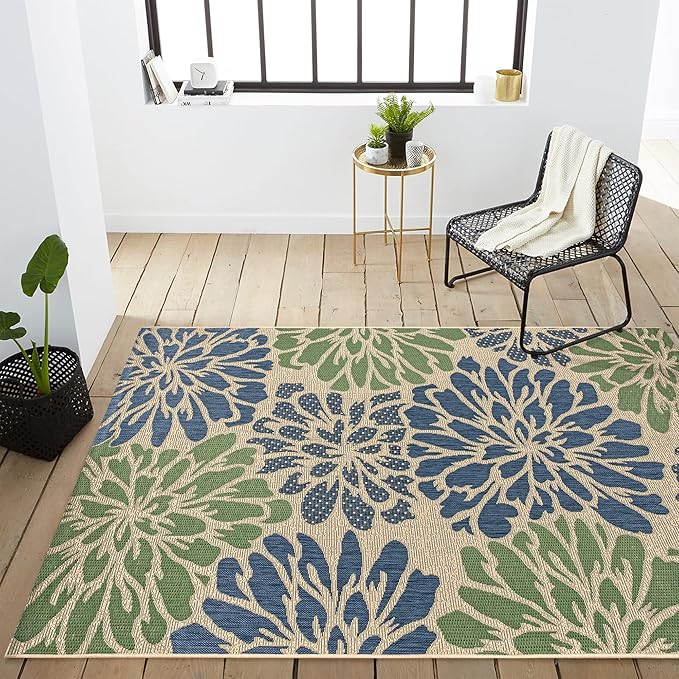 JONATHAN Y SMB110B-9 Zinnia Modern Floral Textured Weave Indoor Outdoor Area-Rug Bohemian Coastal Easy-Cleaning Bedroom Kitchen Backyard Patio Non Shedding, 9 X 12, Navy/Green